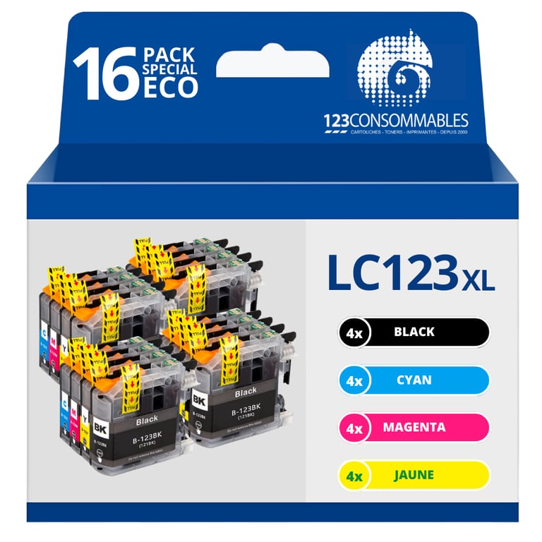 123CONSOMMABLES LC123 Pack 16 Cartouches Compatibles avec Brother LC123XL pour Imprimante DCP J132W J152W J172W J552DW J752DW J4110DW MFC J245 J6520DW J6720DW 4 / 4 Cyan / 4 / 4 Jaune Neuf