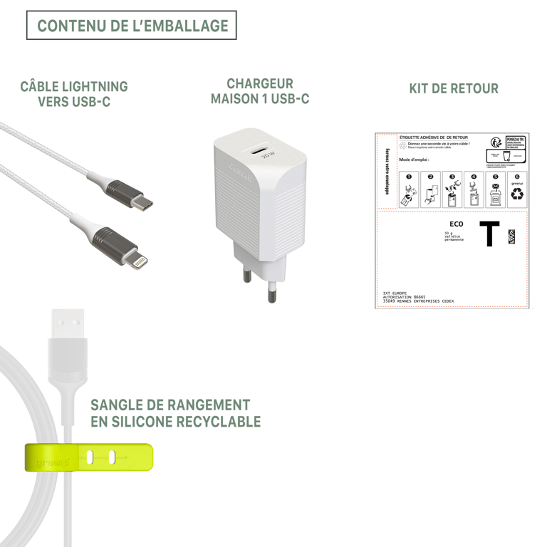 GREEN E - Kit de charge Ecoconçu 20W pour iPhone 12 (Chargeur