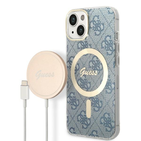 Guess Bundle Pack MagSafe 4G - Ensemble coque pour iPhone 14 Plus + chargeur MagSafe (Bleu/Or) - 3666339102975