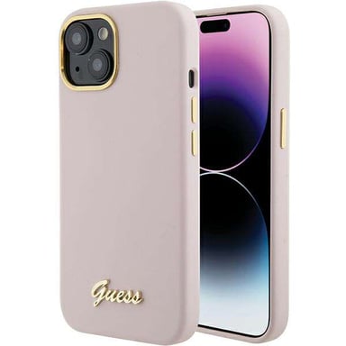 Custodia Guess per iPhone 15 6.1'' rosa Custodia rigida in silicone Script Metal Logo & Frame