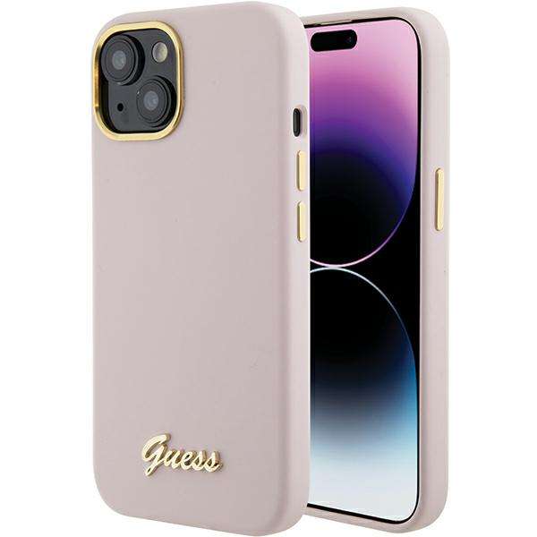 Étui Guess pour iPhone 15 6.1  rose étui rigide Silicone Script Metal Logo & Frame - Neuf