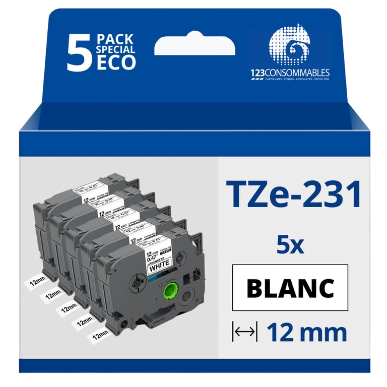 Pack de 5 Rubans adhésifs compatible avec Brother TZe 231 Texte sur fond Largeur 12 mm x 8 mètres Neuf