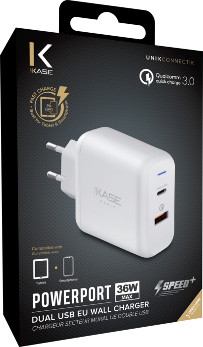 Chargeur secteur mural UE double USB universel PowerPort Speed+ Charge Rapide 36W (Qualcomm 3.0/Power Delivery), Blanc