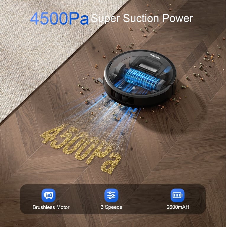 Robot Aspirateur Teendow D10S MAX 4500Pa Batterie 2600mAh 180min Silencieux 70dB 300ML+260ML Neuf - vue 2