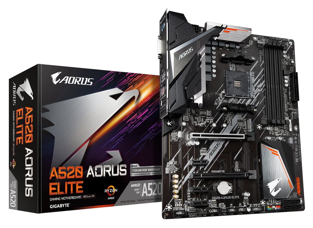 GIGABYTE Carte mère A520 AORUS ELITE - Compatible avec les processeurs AMD Ryzen série 5000 AM4, VRM numérique pur 5+3 phases, jusqu'à 4733MHz DDR4 (OC), PCIe 3.0 x4 M.2, LAN GbE, USB 3.2 Gen2 - Neuf