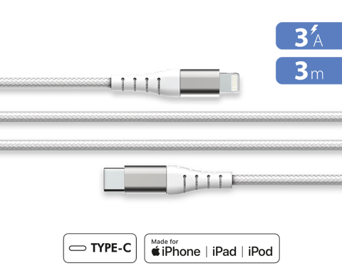 Cavo USB C/Lightning rinforzato 3 m - 3 A