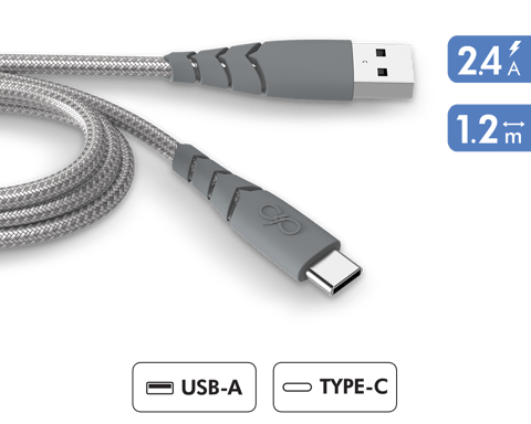 Câble Ultra-renforcé USB A/USB C 1,2m 3A Garanti à vie Gris - 100% Plastique recyclé Force Power
