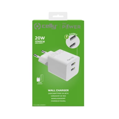 Celly TC2USBC20WWH cargador de dispositivo móvil Smartphone, Tableta Blanco Corriente alterna Interior