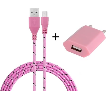 Pack Chargeur pour Manette Playstation 4 PS4 Smartphone Micro USB (Cable Tresse 3m Chargeur + Prise Secteur USB) Murale Android  (ROSE PALE)
