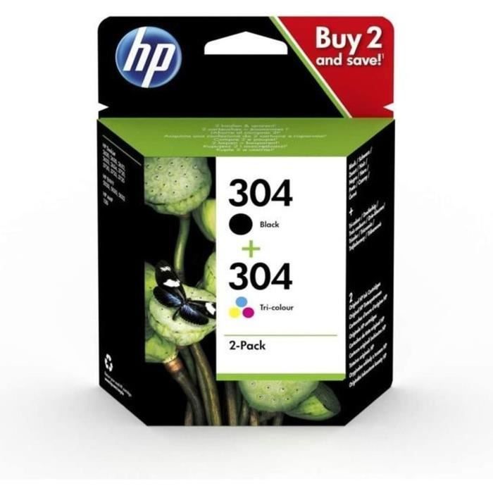 HP 304 Pack de 2 cartouches d'encre noire et trois couleurs authentiques (3JB05AE) pour DeskJet 2620/2630/3720/3730, Envy 5020/5030 - Neuf