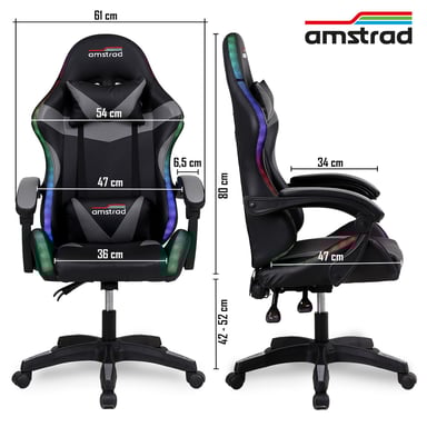 Amstrad AMS-900-LED-BK Fauteuil / Chaise de bureau Gamer noir gris - Eclairage LED 366 effets - Télécommande