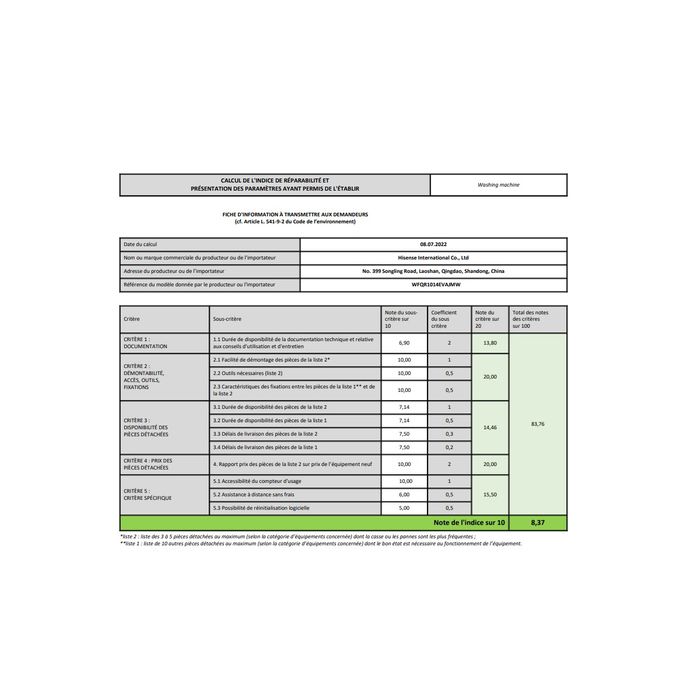 HISENSE WFQR1014EVAJMW - vue 6