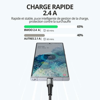 Câble USB 3.0 vers USB-C BWOO 1m noir - Charge rapide 60W - Nylon tressé et aluminium