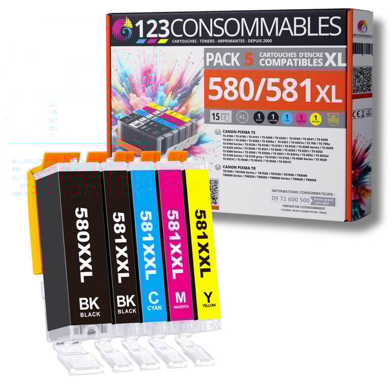 123CONSOMMABLES 580XXL 581XXL Cartouches d'encre Compatible avec Canon 581 580 pour TS8150 TS6150 TS8250 TS6151 TR8550 TR7550 TS8151 TS9150 8 / 4 Cyan / 4 / 4 Jaune Neuf - vue 3