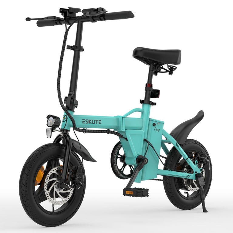 Vélo électrique ESKUTE F100 14 pouces, moteur 250 W, batterie 36 V 9 Ah, freins à disque mécaniques - Bleu - Neuf