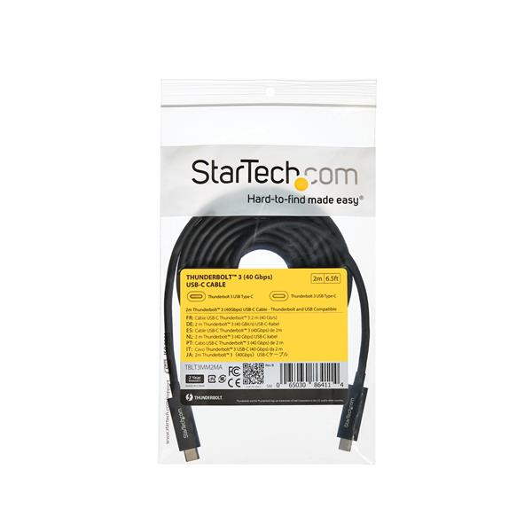 StarTech.com - TBLT3MM2MA - Câble Thunderbolt 3 - 2 m - 4K 60 Hz - 40 Gb/s - Câble USB C - Chargeur TB 3