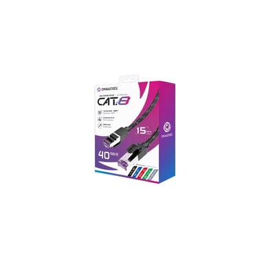 Câble réseau Ethernet Oniverse Cat 8 RJ45 15 m Noir connecteurs dorés 40 Gbps 2000 MHz câble tressé anti-cassure