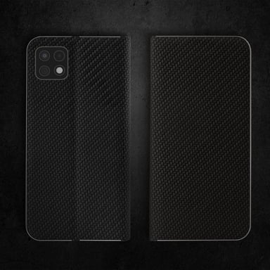 Moozy Étui Portefeuille pour Samsung A22 5G, Noir Carbone - Étui à Rabat avec Bordure Métallique, Fermeture Magnétique, Flip Cover avec Porte-Cartes et Fonction Béquille