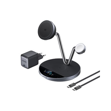 Station de charge sans fil ANKER Qi2 25 W 3-en-1 magnétique Noir et argent