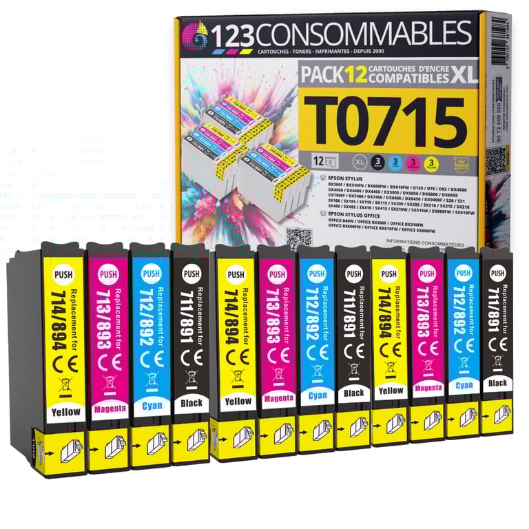 123CONSOMMABLES T0715 Pack pour Epson T0715 T0711 T0712 T713 T0714 Cartouches Compatible avec Epson Stylus SX218 SX400 SX510W SX515W DX7450 DX8450 8 / 4 Cyan / 4 / 4 Jaune Neuf - vue 2