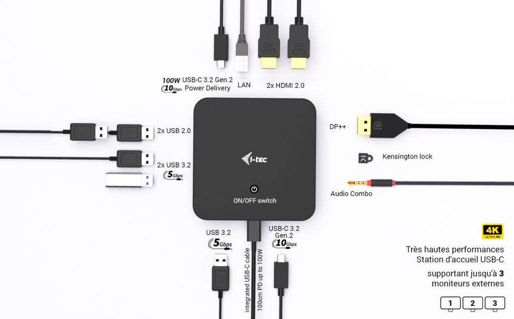 i tec USB C DP Dual HDMI Docking Station with Power Delivery + Universal Charger - vue 2