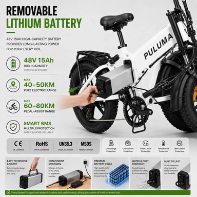 Bicicleta Eléctrico PULUMA EB FM-2.0 | Motor 500W | Batería 48V15Ah | Neumáticos de 20 Pulgadas | Velocidad Máx 25 km/h | Autonomía 45 km | Blanco