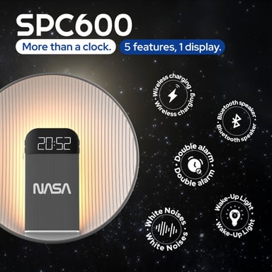NASA Despertador SPC600 - Radio Despertador, Altavoz Bluetooth, Carga Inalámbrica 15W Qi, Doble Alarma, Luz Despertador, LED, Batería de Litio, Altavoz 5W RMS - Gris