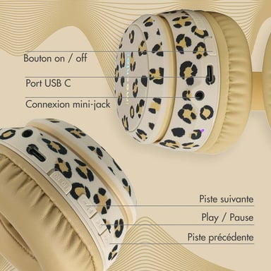 imoshion Édition Spéciale - Casque sans fil pour enfants avec imprimé léopard LED Light Cat Ear - Limiteur de décibels - Avec câble AUX - Léopard