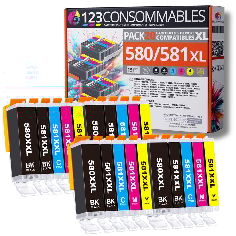 123CONSOMMABLES 580XXL 581XXL Cartouches d'encre Compatible avec Canon 581 580 pour TS8150 TS6150 TS8250 TS6151 TR8550 TR7550 TS8151 TS9150 8 / 4 Cyan / 4 / 4 Jaune Neuf - vue 4