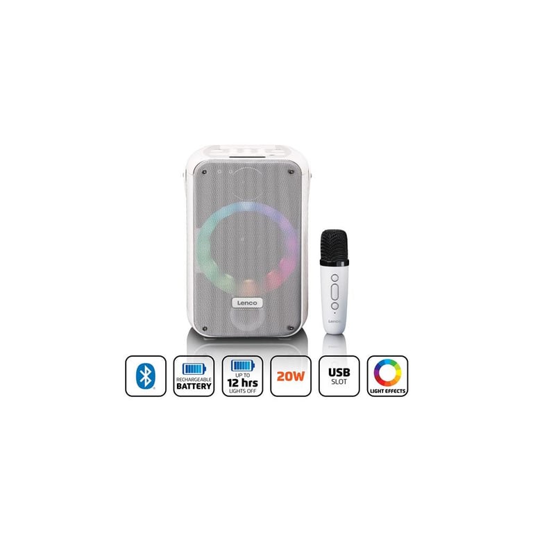 Système karaoké LENCO BTC 060WH Bluetooth 5.2 micro sans fil rechargeable lumières LED Neuf