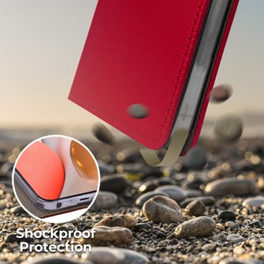 Moozy Case Flip Cover para Samsung A42 5G, Rojo - Funda inteligente magnética Flip Cover con tarjetero y soporte