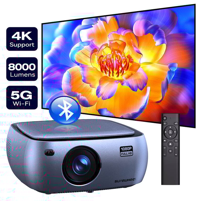 Projecteur Totalement Fermé Surewheel K10, 4K Compatible 12000 Lumens, Correction De Distorsion, 5G WiFi & Bluetooth 5.0, Affichage 200 Pouces Pour Maison & Bureau - Bon État