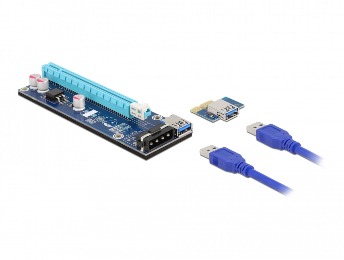 Delock Carte Riser 41430 PCIe x1 vers x16 câble USB 60 cm alimentation SATA