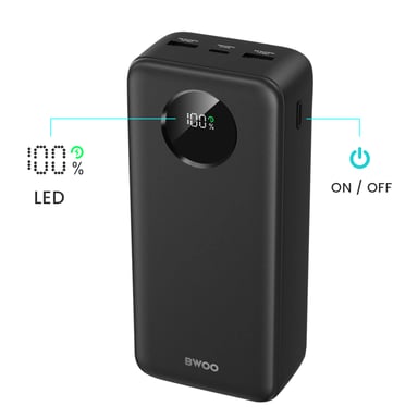 Bwoo Batería externa 30000mAh USB-C 2xUSB LCD Negro