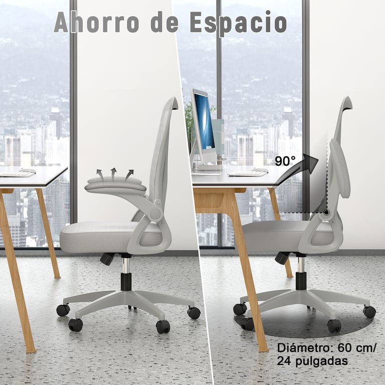 Silla de escritorio ergonómica con reposabrazos abatible 90° y soporte lumbar, silla de oficina con asiento acolchado-Gris