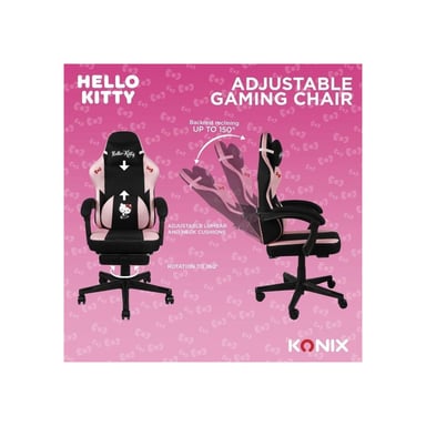 Chaise gaming de bureau Konix Hello Kitty coussin lombaire mousse mémoire 0–150° avec repose-pied base classe 4 360° Noir/Rose