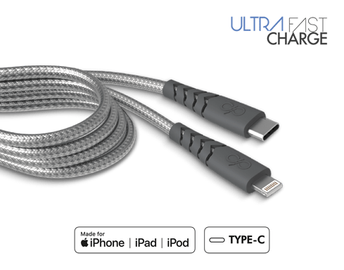 Câble Ultra-renforcé USB C/Lightning 2m 3A Garanti à vie Gris Force Power