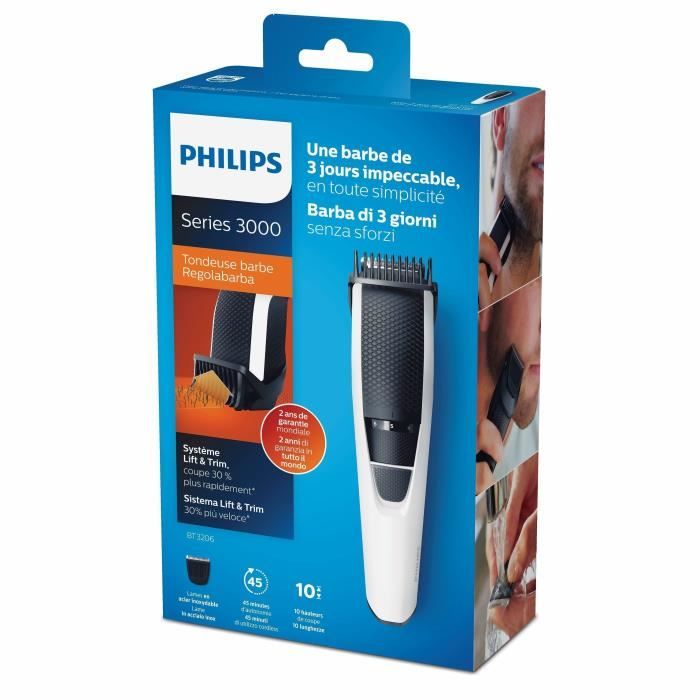 Tondeuse Cheveux & Barbe Philips BT3206/14 - Sabot Hair Lift&Trim, Lames Inoxydables, 10 Hauteurs de Coupe, Utilisation Sans Fil - Neuf