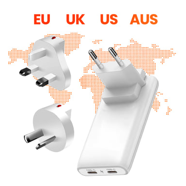 Chargeur de Voyage GaN 65W Prises EU US UK AUS avec 2x USB-C PD Blanc