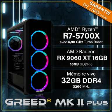 MK2 Plus - PC Gamer - AMD Ryzen 7 5700X - Radeon RX 9060 XT (16GO) - Rapide Bureau PC Gaming - 4K & Raytracing avec 4,6 GHz - 32 GO RAM DDR4 - 1 TO SSD - Ordinateur avec WiFi + Windows 11 Pro
