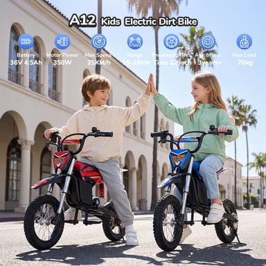 A12 Vélo tout-terrain électrique pour enfants Moteur 350 W, batterie 36 V 4,5 Ah, pneus pneumatiques 12'' Moto électrique cadeaux pour enfants