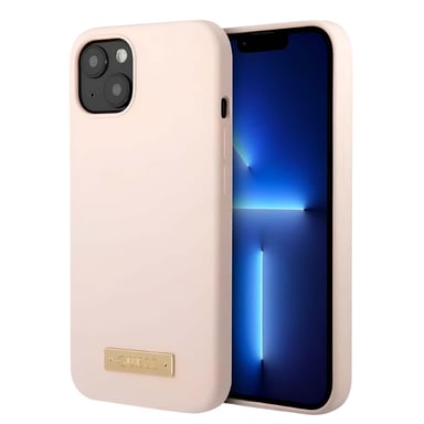 Guess Funda para iPhone 13 mini MagSafe de silicona con logotipo metálico Rosa