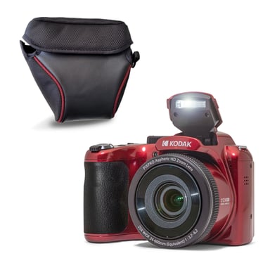 KODAK Pack Pixpro AZ255 + Etui transport - Appareil Photo Bridge Numérique Astro Zoom 16 MP, Zoom Optique 25X, Stabilisateur, Video Full HD 1080p, Grand angle 24 mm, Ecran LCD 3 '', Pile AA - Rouge