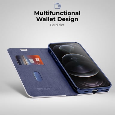 Moozy Étui Portefeuille pour iPhone 12 Pro Max, Bleu Foncé Carbone - Protection des Bords Métalliques Fermeture Magnétique Flip Cover avec Porte-Carte