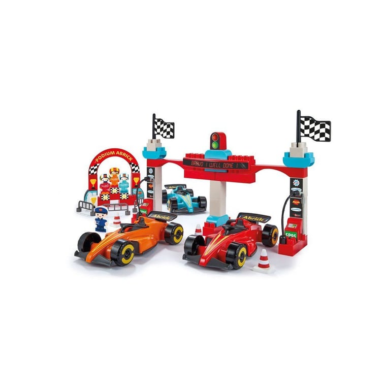 Set de construction ECOIFFIER Abrick 2976 Grand Prix Formule 1 : 3 voitures + 3 pilotes Course 22 cm Noir et Jaune - Neuf