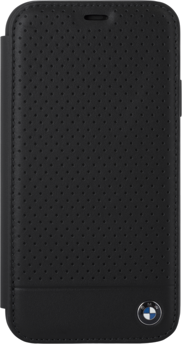BMW Coque clapet en cuir véritable perforé pour Apple iPhone XR, Noir
