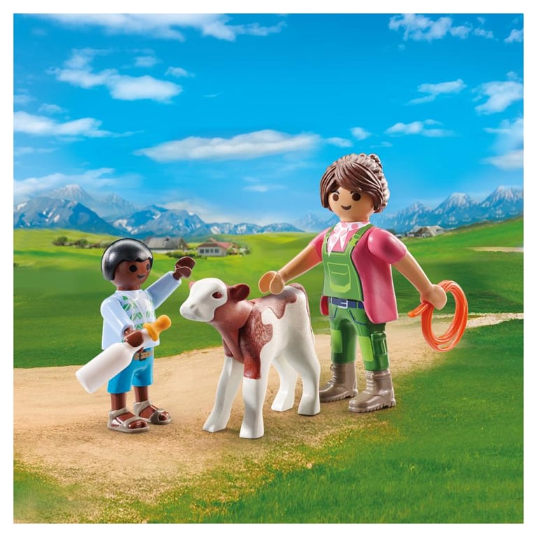 Fermière Et Enfant Avec Veau Playmobil La Boite - vue 3