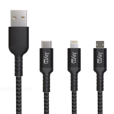 Jaym - Cable Premium 1,5 m - USB-A vers 3 Sorties : Lightning, Type-C et Micro USB - Garanti à Vie - Ultra renforcé - Longueur 1,5 mètres