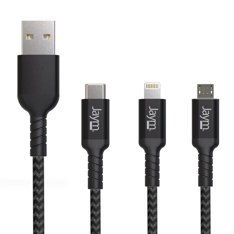 Jaym - Cable Premium 1,5 m - USB-A a 3 Salidas : Lightning, Type-C y Micro USB - Garantía de por vida - Ultra reforzado - Longitud 1,5 metros.