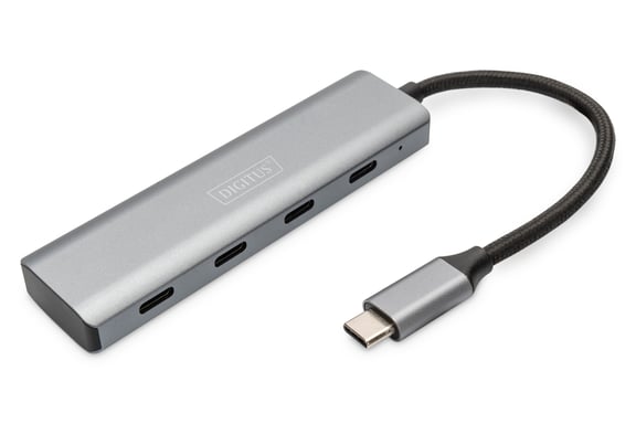 Con lhub a 4 porte USB-C di DIGITUS estendete il vostro laptop con altre 4 porte USB-C.Utilizzate fino a quattro ulteriori dispositivi USB come dischi rigidi o chiavette USB sul vostro laptop.Lhub a 4 porte grazie al suo design sottile è ideale da p